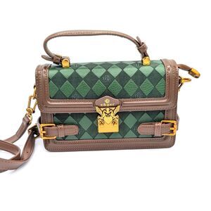 e&ger Green Checkered Top Handle Crossbody Bag Gold Hardware Buckle Accent Purse